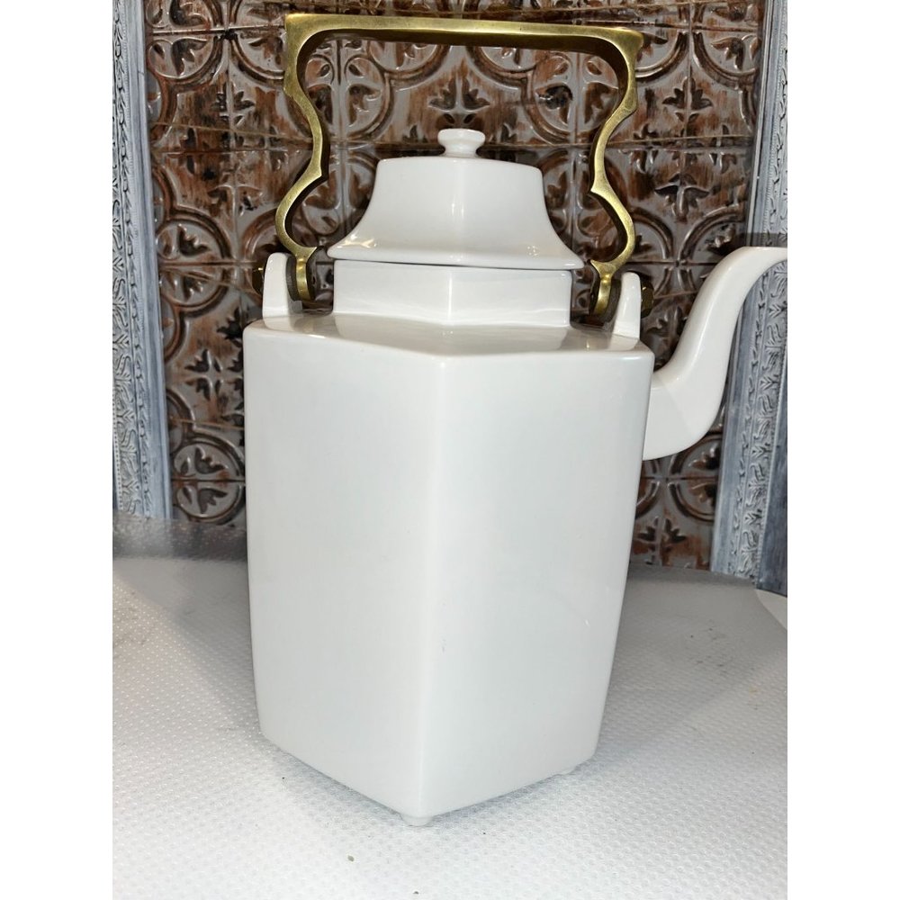 Mikasa Continental White  Hexagon Shaped Tea Pot Brass Handle Vintage